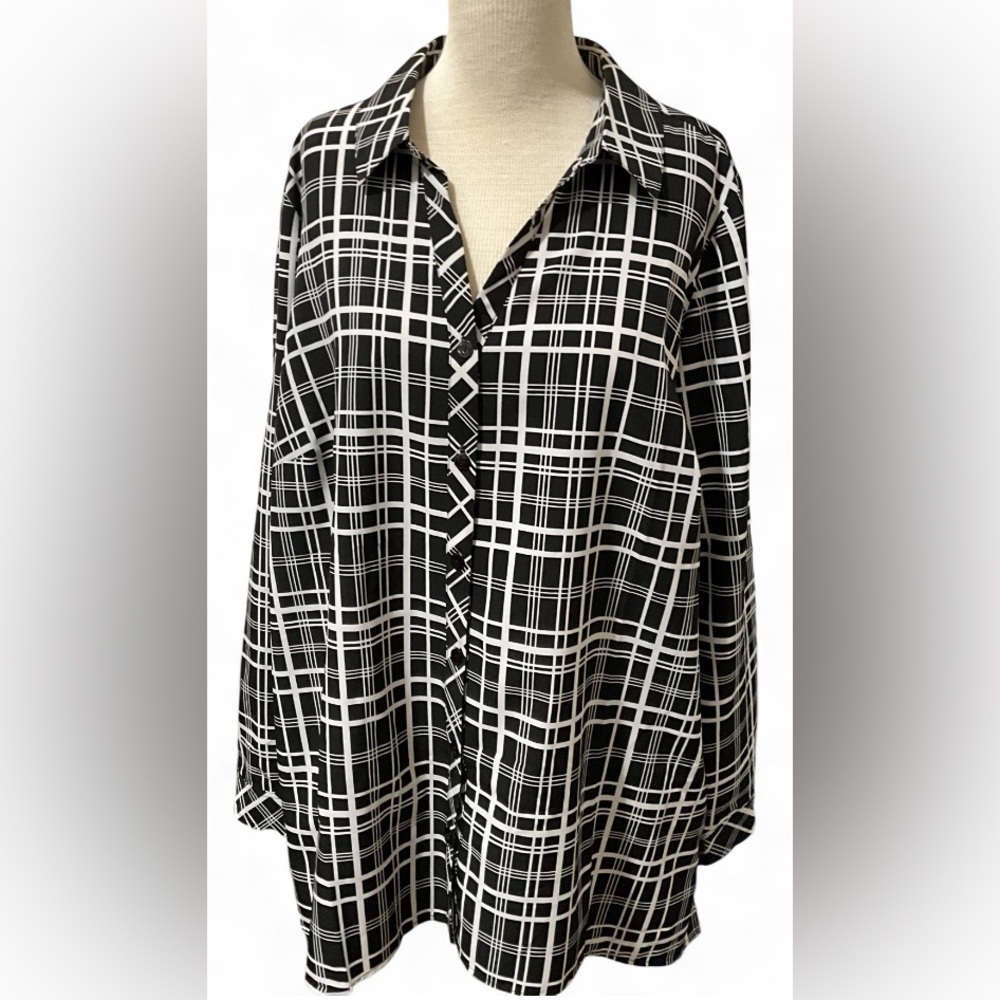 Susan Graver Weekend Black White Plaid Button Up Blouse Women’s 1X | Long Sleeve